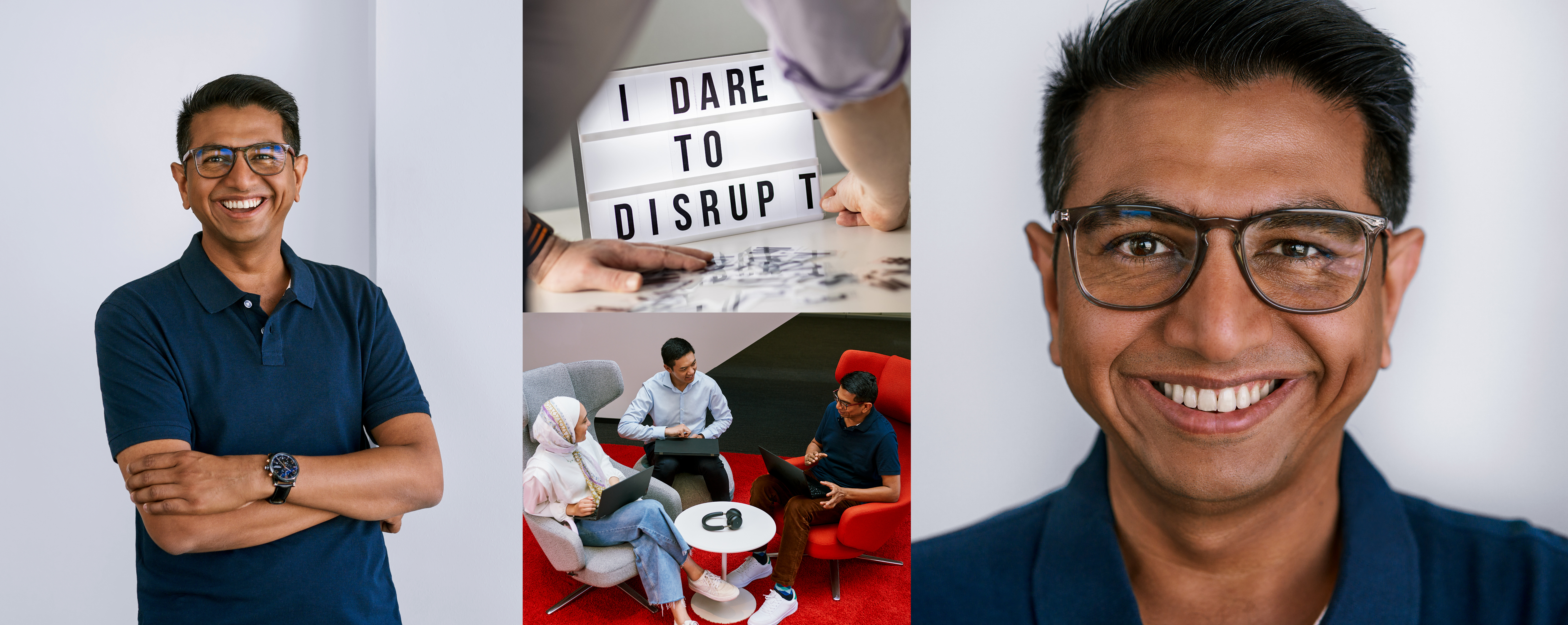 An employee of Henkel in different pictures around his job. He works on his iPad, poses for the camera, and presents a white shoe next to the Persil Sneaker Clean Logo.