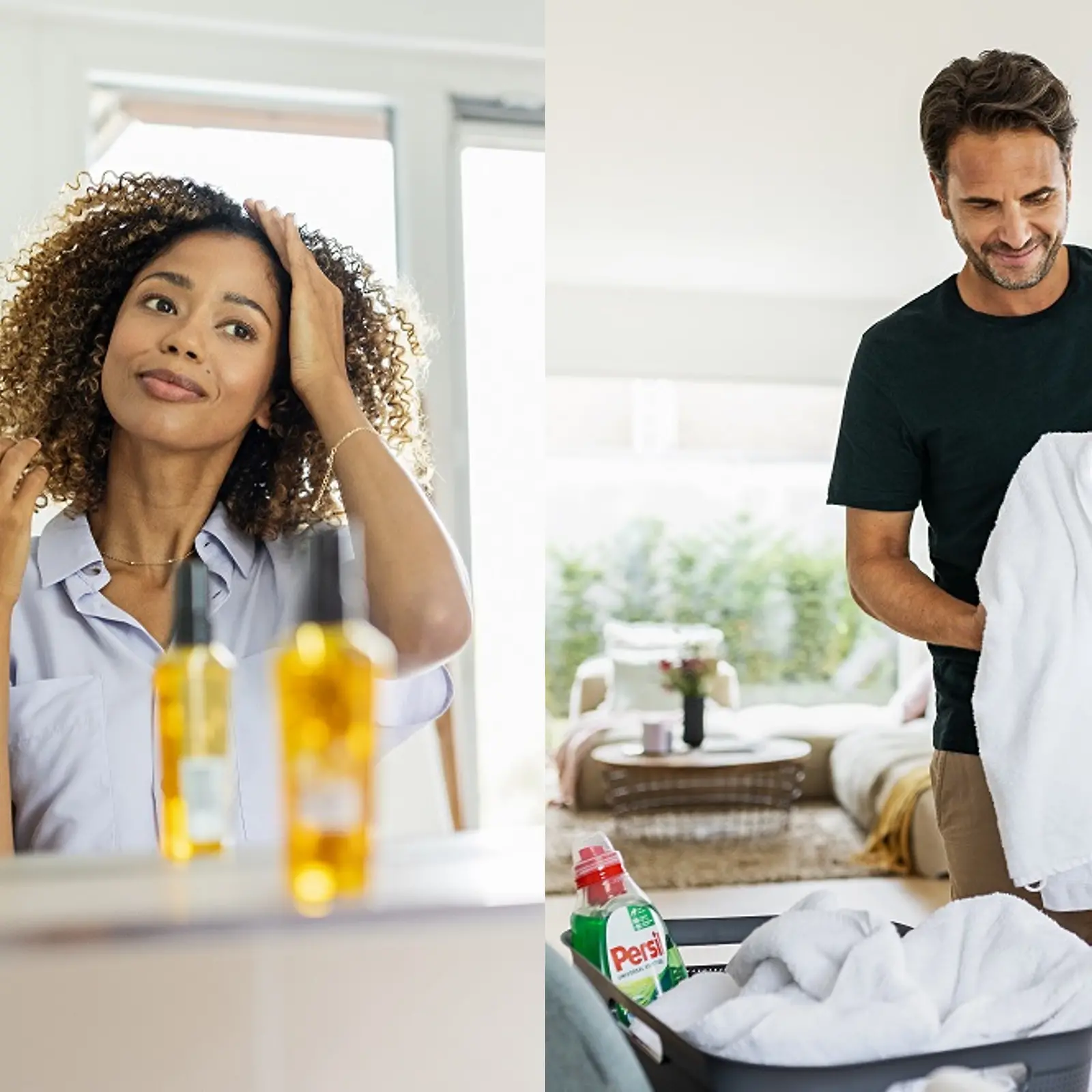 On left hand side: women applying a hair care product to her curly hair, on right hand side a man folding the laundry