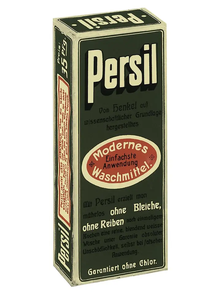 Vintage Persil detergent box with German text and red oval label highlighting modern, easy application