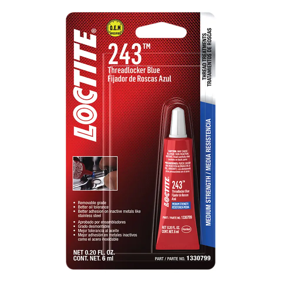 Product image of Loctite 243 Threadlocker in red blister packaging.