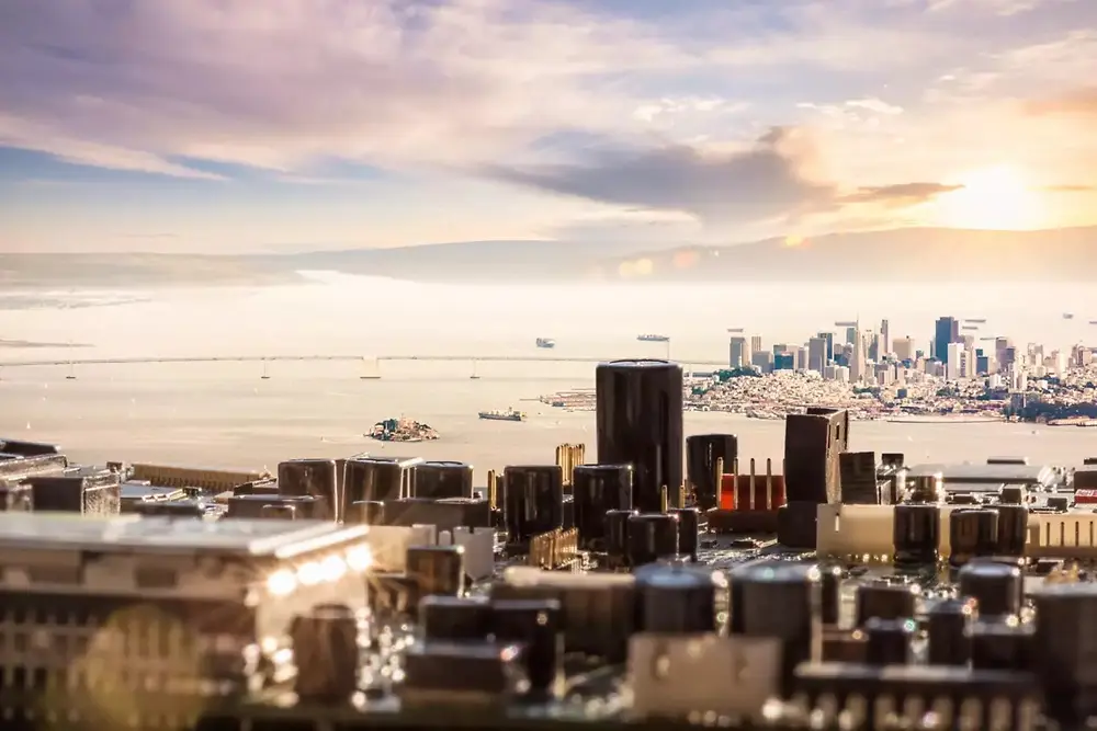 City skyline view with modern buildings under a sunset sky