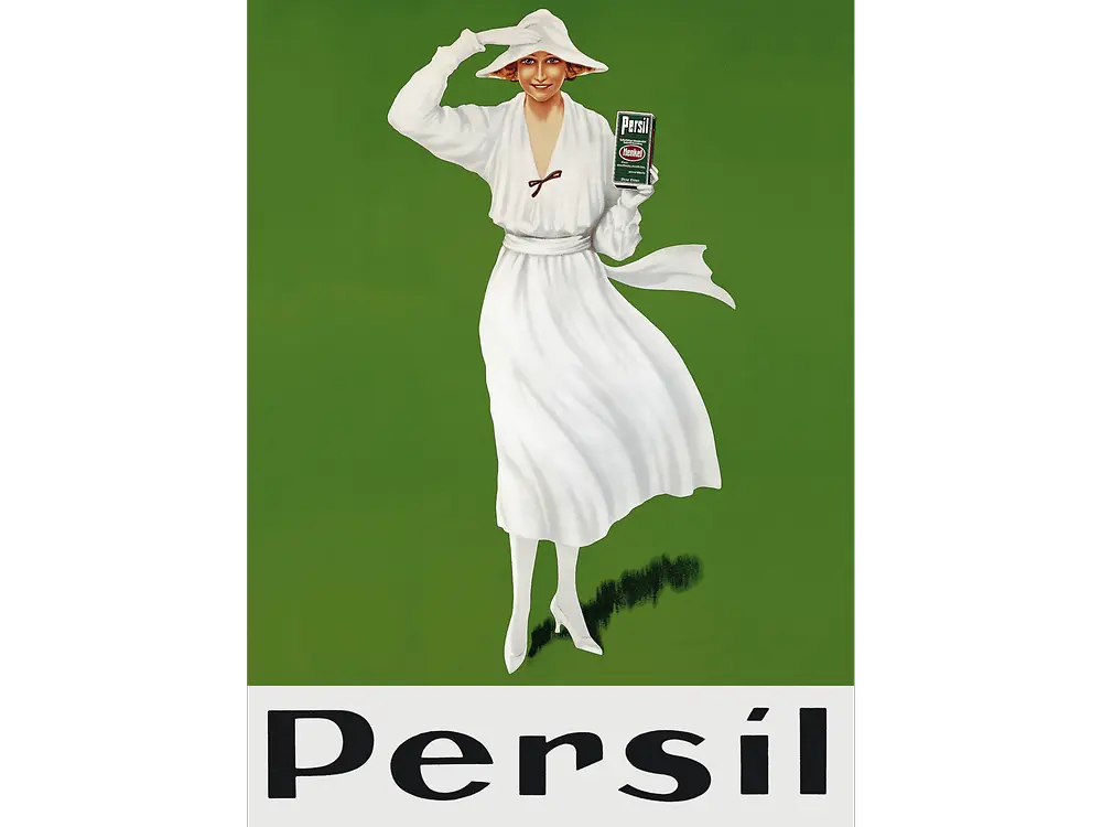 Illustration of a person in a flowing white outfit holding a Persil detergent box, set against a green background with large Persil text at the bottom.