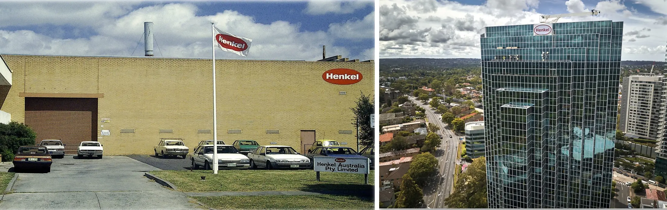 Henkel office in Sydney in 1987 (left) and modern Chatswood office (right)