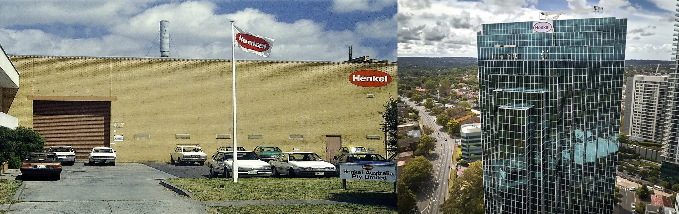 Henkel office in Sydney in 1987 (left) and modern Chatswood office (right)