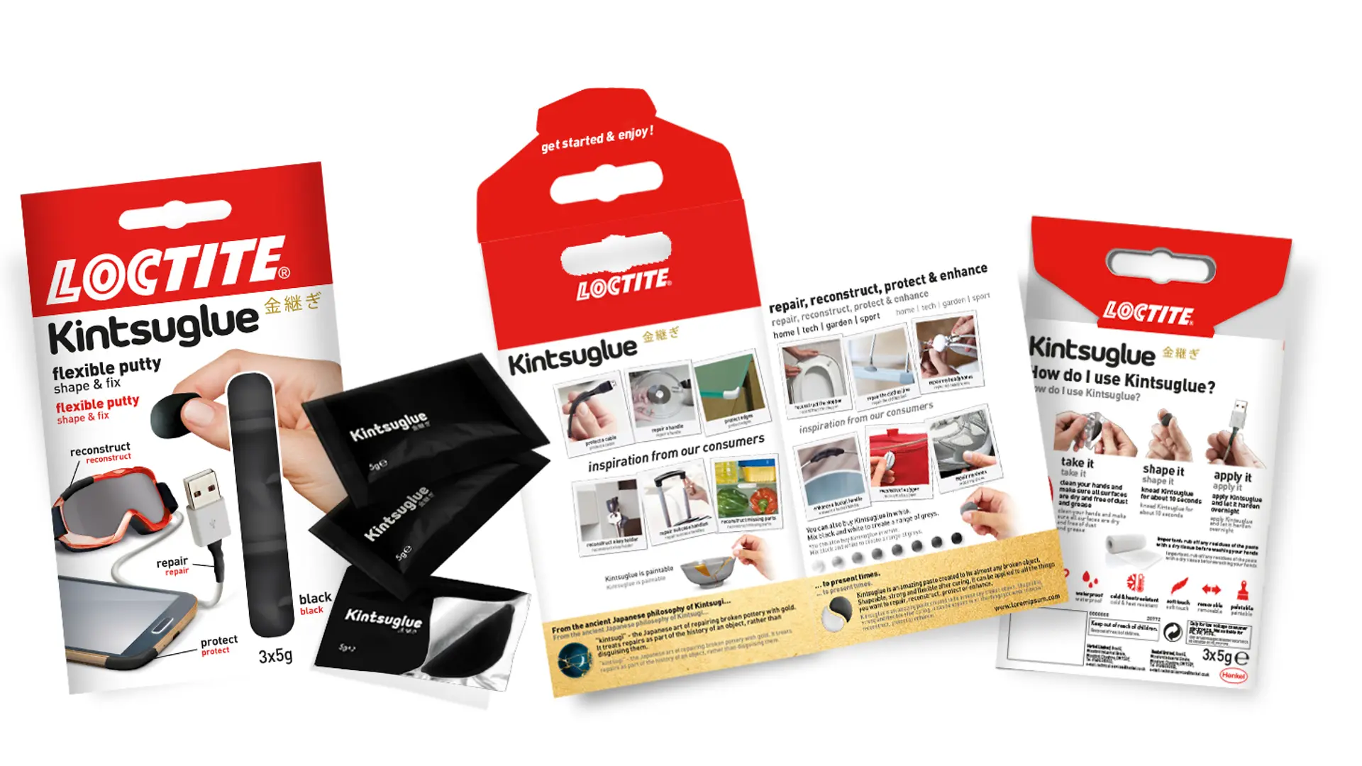 The product pack contains examples of the applications of Kintsuglue and a guide for consumers.