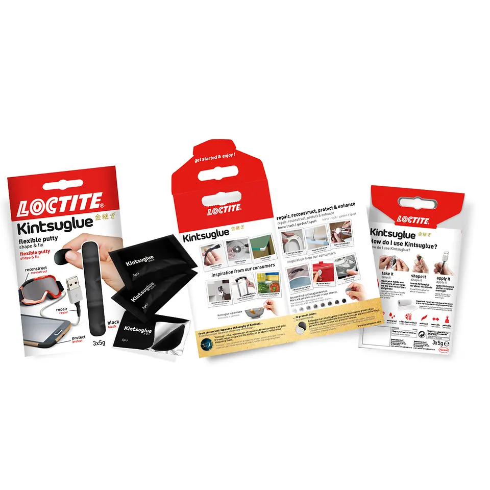 The product pack contains examples of the applications of Kintsuglue and a guide for consumers.